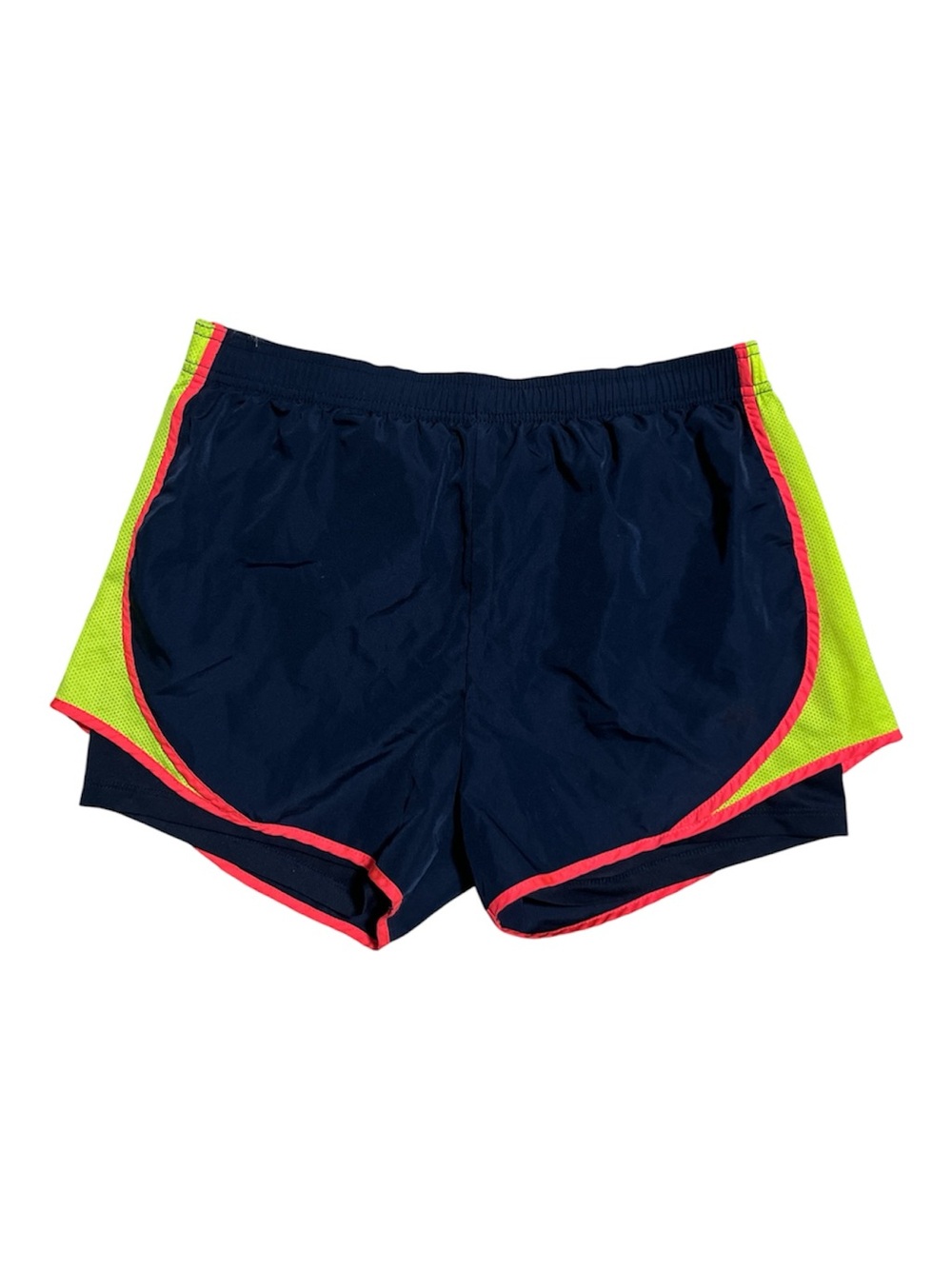 Reebok Navy Blue Athletic Shorts with Neon Yellow and Pink Trim